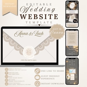 May include: An editable wedding website template displayed on a laptop screen and three mobile phones. The design features a cream-colored envelope with a lace-patterned flap and a wax seal. Text includes "Anna & Zach" and "click the seal to open."