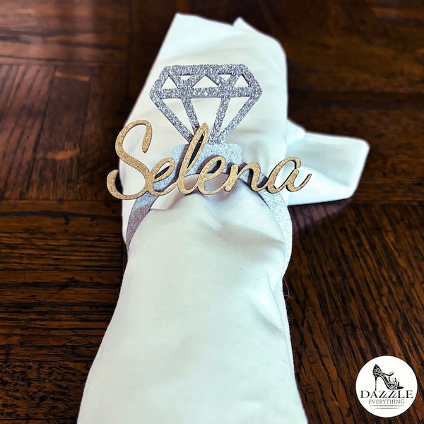 Custom Wedding Ring Napkin Rings, Formal Dinner Wedding Name Card, Personalized Wood Seat Tag, Special Event Decor, Diamond Ring Seat Label
