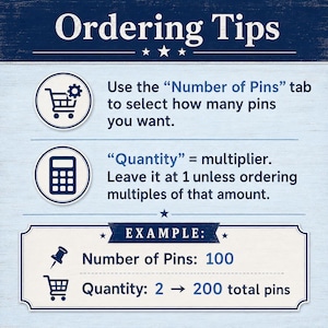 May include: An informational graphic titled Ordering Tips with a light blue background. It instructs to use the Number of Pins tab for selection and explains that Quantity acts as a multiplier. An example shows Number of Pins 100 and Quantity 2 equals 200.