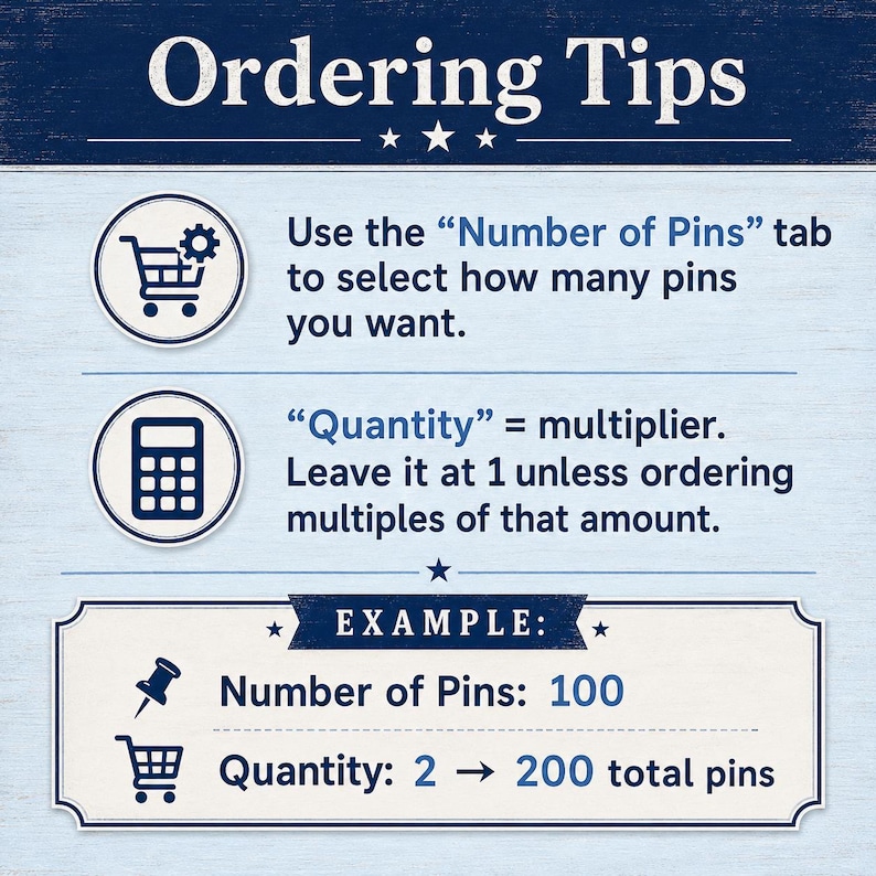 May include: An informational graphic titled Ordering Tips with a light blue background. It instructs to use the Number of Pins tab for selection and explains that Quantity acts as a multiplier. An example shows Number of Pins 100 and Quantity 2 equals 200.