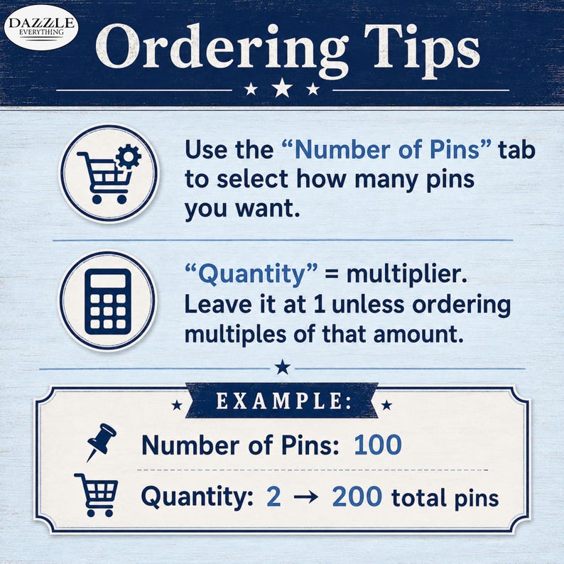 May include: An informational graphic titled Ordering Tips with a light blue background. It instructs to use the Number of Pins tab for selection and explains that Quantity acts as a multiplier. An example shows Number of Pins 100 and Quantity 2 equals 200 total pins.