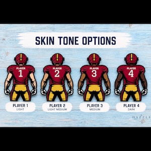 May include: A graphic showing four football players from the back, wearing maroon jerseys with yellow pants and helmets. Each player has a different skin tone labeled Player 1 Light, Player 2 Light Medium, Player 3 Medium, and Player 4 Dark.
