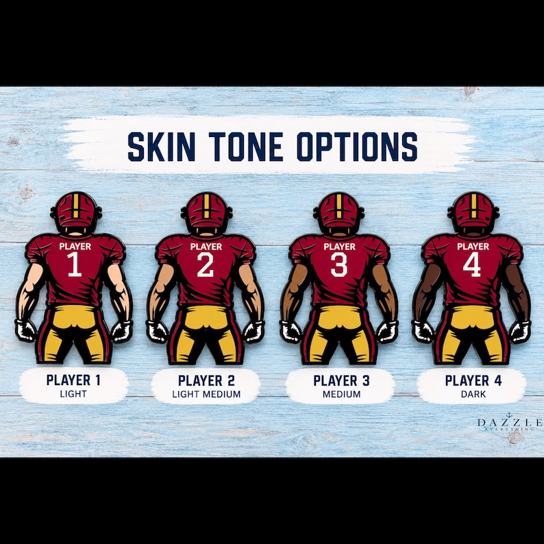May include: A graphic showing four football players from the back, wearing maroon jerseys with yellow pants and helmets. Each player has a different skin tone labeled Player 1 Light, Player 2 Light Medium, Player 3 Medium, and Player 4 Dark.