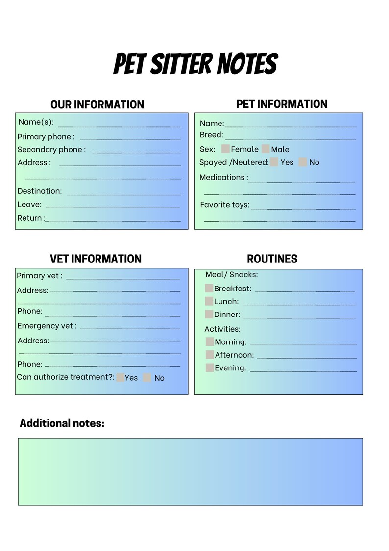 Printable Pet Sitter Notes Etsy