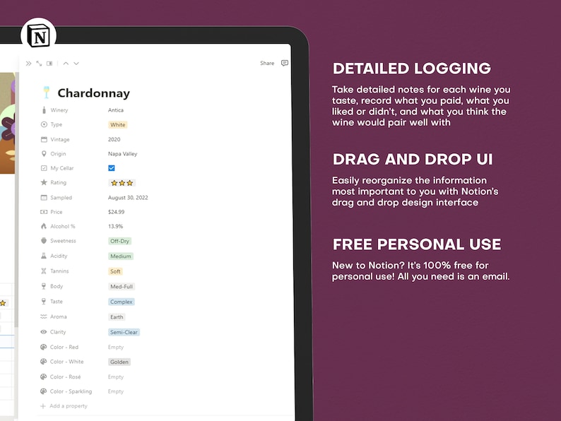 Wine Journal Notion Template Aesthetic, Wine Cellar Inventory Tracking