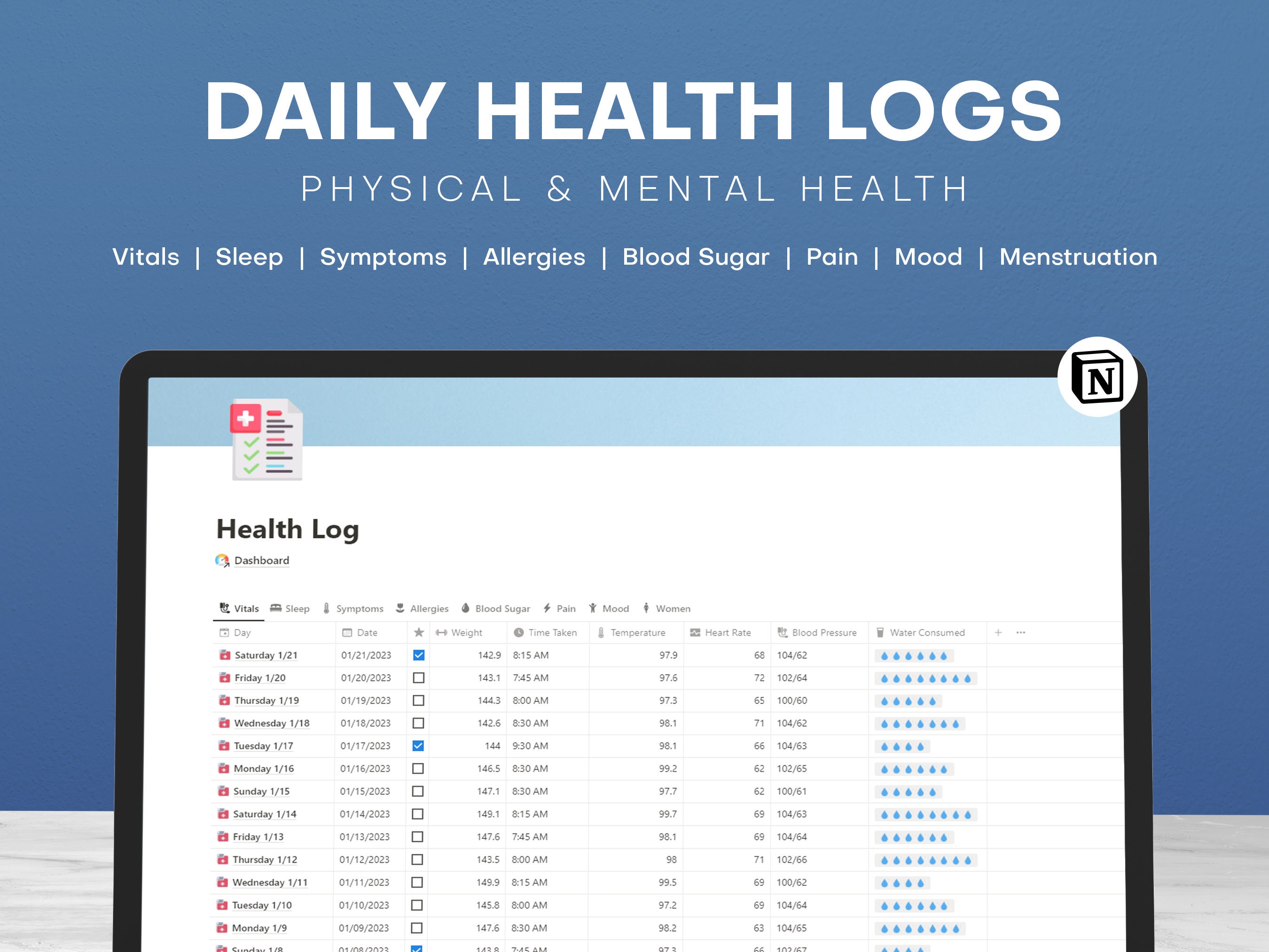 Health Journal Notion Template for Digital Organization, Mental Log ...