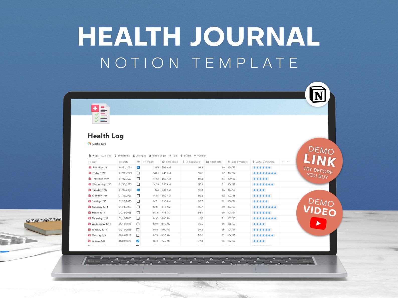 Health Journal Notion Template for Digital Organization, Mental Log ...