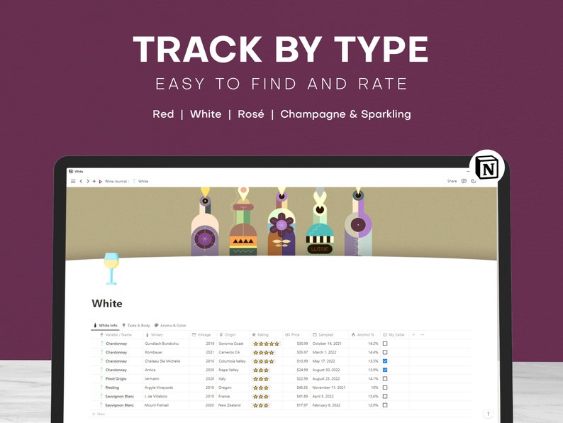 Wine Journal Notion Template Aesthetic, Wine Cellar Inventory Tracking