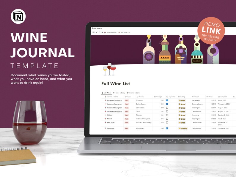 Wine Journal Notion Template Aesthetic Wine Cellar Inventory Etsy