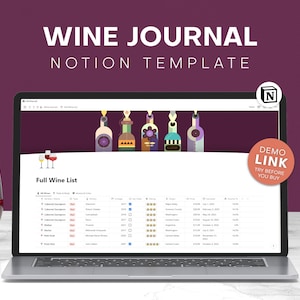 Wine Journal Notion Template Aesthetic, Wine Cellar Inventory Tracking, Rating Wine, Digital Journal for Wine Lover