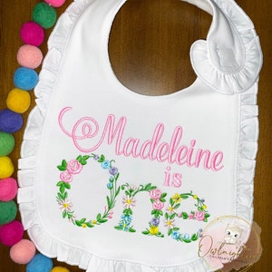 Personalized Girl First Birthday Bib/First Birthday Floral Bib/1st Birthday Flowers/Baby Floral Bib/Embroidered Floral Bib/ Baby Girl Gift