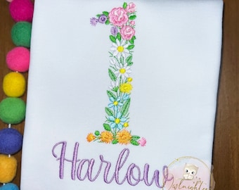 Personalized Girl First Birthday Shirt /First Birthday Floral Shirt/1st Birthday Flowers/Baby Floral Shirt/Embroidered Shirt/Baby Girl Gift