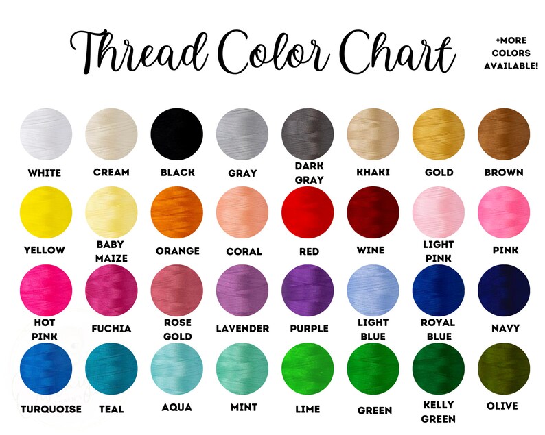 May include: A colour chart displaying 25 different thread colours. The colours are arranged in rows and columns, with the names of each colour listed below. The colours include white, cream, black, grey, dark grey, khaki, gold, brown, yellow, baby maize, orange, coral, red, wine, light pink, pink, hot pink, fuchsia, rose gold, lavender, purple, light blue, royal blue, navy, turquoise, teal, aqua, mint, lime, green, kelly green, and olive.