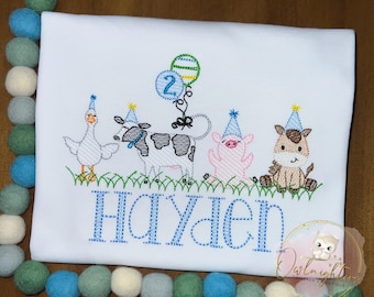 Barn Birthday Shirt / Cow Birthday / Farm Party Shirt / Personalized Birthday Shirt / Barn Sketch Embroidery / Farm animal birthday shirt