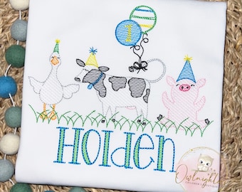 Barn Birthday Shirt/Duck Cow Pig Birthday/Farm Party Shirt/Personalized Birthday Shirt/Barn Sketch Embroidery/Farm animal birthday shirt