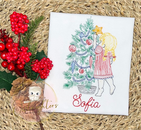 Girl Christmas Shirt /Girl Hanging Star Shirt /Christmas Tree Shirt /Vintage Embroidery Shirt /Christmas Embroidery Shirt/Christmas Applique