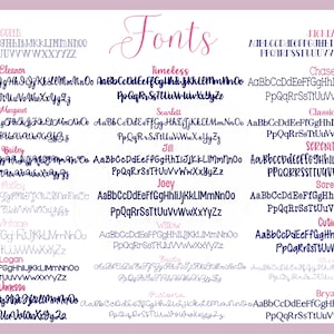 May include: A chart of different fonts with the word "Fonts" in a pink cursive font at the top. The fonts are listed in two columns with the font name at the top of each column. The fonts are shown in both uppercase and lowercase letters.