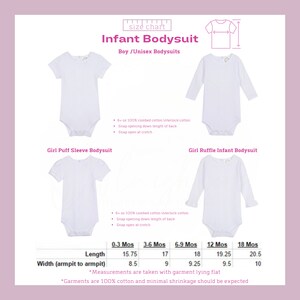 May include: Size chart for infant bodysuits with measurements in inches. The chart shows two styles: a girl puff sleeve bodysuit and a girl ruffle infant bodysuit. Both styles are made of 6 oz 100% combed cotton interlock cotton. The chart includes measurements for length and width (armpit to armpit) for sizes 0-3 months, 3-6 months, 6-9 months, 12 months, and 18 months. The text states that measurements are taken with garment lying flat and garments are 100% cotton and minimal shrinkage should be expected.