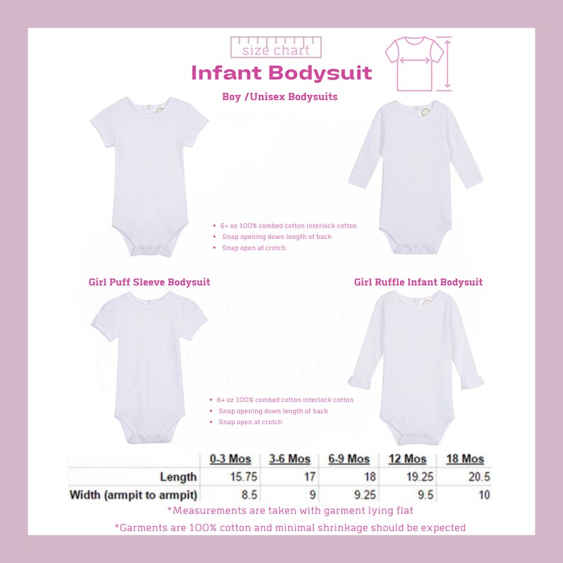 May include: Size chart for infant bodysuits with measurements in inches. The chart shows two styles: a girl puff sleeve bodysuit and a girl ruffle infant bodysuit. Both styles are made of 6 oz 100% combed cotton interlock cotton. The chart includes measurements for length and width (armpit to armpit) for sizes 0-3 months, 3-6 months, 6-9 months, 12 months, and 18 months. The text states that measurements are taken with garment lying flat and garments are 100% cotton and minimal shrinkage should be expected.