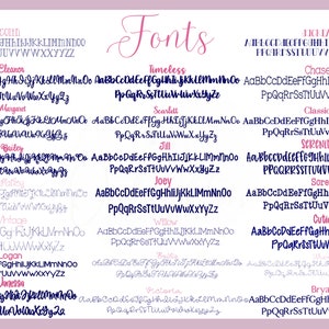 May include: A chart of different fonts with the word "Fonts" in a pink cursive font at the top. The fonts are listed in two columns with the font name in a dark blue font and the alphabet in a lighter blue font.