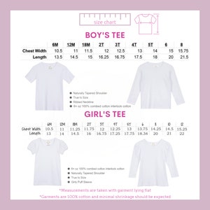 May include: Size chart for boys' and girls' tees. The chart shows chest width and length measurements in inches for sizes 6M to 8 for boys and 6M to 12 for girls. The chart also includes details about the fabric and construction of the tees.