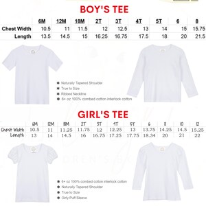 May include: Size chart for boys' and girls' tees. The chart shows chest width and length measurements in inches for sizes 6M to 8 for boys and 6M to 12 for girls. The chart also includes details about the fabric and features of the tees.