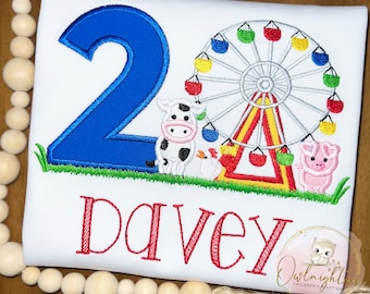 Fair Birthday Shirt/ Cow Pig Birthday/Fair Party Shirt/Personalized Birthday Shirt/ Ferris wheel applique /Farm animal birthday shirt