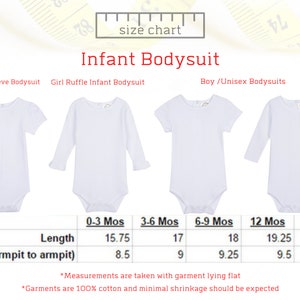 May include: Size chart for infant bodysuits with measurements in inches. The chart shows the length and width (armpit to armpit) for sizes 0-3 months, 3-6 months, 6-9 months, 12 months, and 18 months.