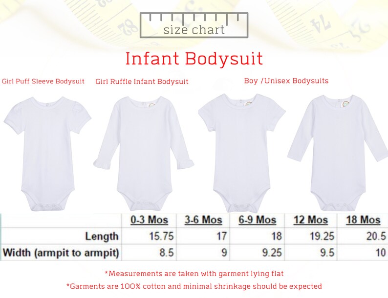 May include: Size chart for infant bodysuits with measurements in inches. The chart shows the length and width (armpit to armpit) for sizes 0-3 months, 3-6 months, 6-9 months, 12 months, and 18 months.