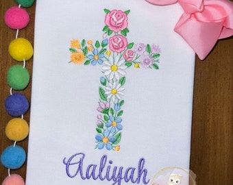 Girl Easter Cross Shirt / Jesus Cross Easter / Easter Outfit / Cross Embroidery Applique / Personalized Easter Shirt / Baby Girl Easter