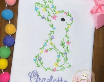 Girl Easter Bunny Shirt / Floral Bunny Embroidery / Girl Easter Applique  / Baby 1st Easter Shirt / Easter Bunny Applique / Easter Outfit