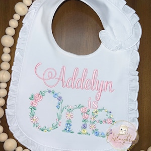 Personalized Girl First Birthday Bib/First Birthday Pastel Floral Bib/1st Birthday Flowers/Baby Floral Bib/Embroidered Bib/ Baby Girl Gift
