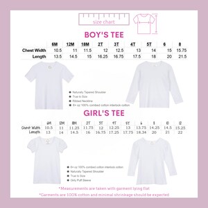 May include: Size chart for boy's and girl's tees. The chart shows chest width and length measurements in inches for sizes 6M to 12.  The chart also includes details about the fabric: 6 oz 100% combed cotton interlock.
