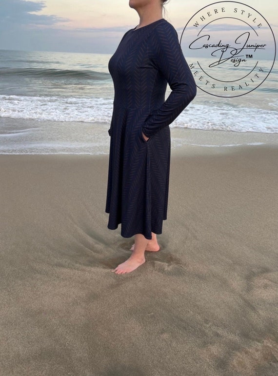 Navy Blue Patterned Long Sleeve Midi Dress, Ethically Made----cascading  Juniper Design - Etsy UK
