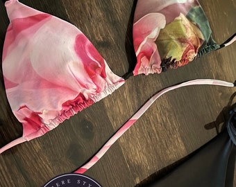 Pink Floral Women's String Bikini, Ethically Made, UPF 50+--Cascading Juniper Design™