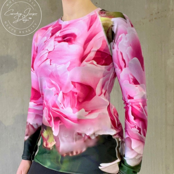 Pink Floral Women's Rash Guard, Ethically Made, Sun Protection UPF 50+--Cascading Juniper Design™