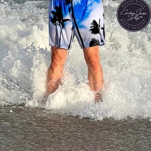 Men's Palm Tree Swim Trunks, Ethically Made, UPF 50+--Cascading Juniper Design™