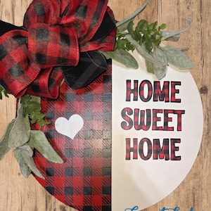 Custom Buffalo Plaid HOME SWEET HOME Door Hanger | Personalized Colors & White Heart | Rustic Decor for Home or Front Door | Red Flannel