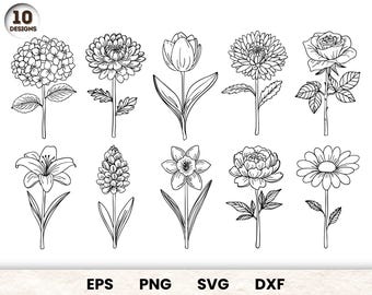 Flowers SVG Bundle, Botanical Clipart, Hand Drawn Flowers, Floral SVG, Flowers Line Art, Cricut, Instant Download