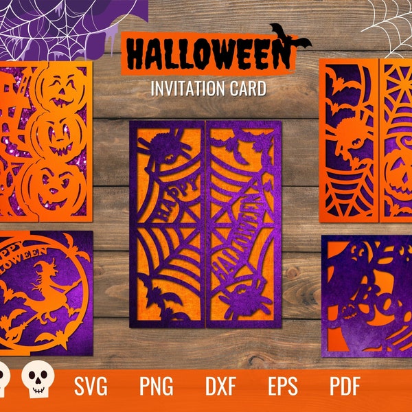 Halloween Invitation Card SVG Bundle, Halloween Envelope Template, Digital Download Files, Paper Craft, Png, Svg, Eps, Dxf, Pdf