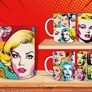 Pop Art Mug Sublimation, Vintage, Retro Coffee Mug Wrap, 11oz 12oz & 15oz Mug, PNG, Mug Template, Instant Download