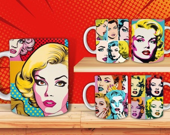 Pop Art Mug Sublimation, Vintage, Retro Coffee Mug Wrap, 11oz 12oz & 15oz Mug, PNG, Mug Template, Instant Download