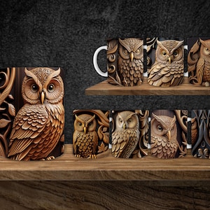 May include: Set of eight ceramic mugs with a wood-carved owl design. Each mug features a different owl with intricate details and a brown and gold color scheme.