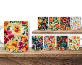 Embroidery Flowers Mug Wrap, Floral, 11oz 12oz & 15oz Mug Sublimation, PNG, Mug Template, Instant Download