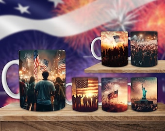 Envoltura de taza patriótica, sublimación de taza de café del 4 de julio, EE. UU., taza de 11 oz 12 oz y 15 oz, PNG, plantilla de taza, descarga instantánea