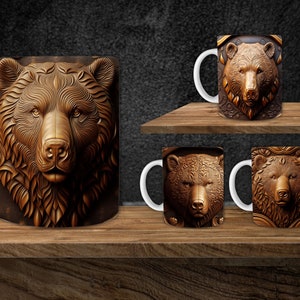 May include: Four white ceramic mugs with brown bear faces carved into the design. The bears have a detailed, textured appearance.