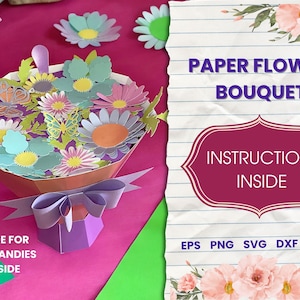 Bouquet of Paper Flowers, Paper flower bouquet svg, Ramo de flores de papel, Vase for paper flowers, Valentines Present, Cut File, Papercut