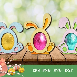 Paquete SVG de soporte de huevo de Pascua, huevo de chocolate, soporte de caramelo, conejito de Pascua, caza de huevos, arte de papel