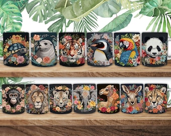 Stickerei Tiere Becher Wraps, Sublimation, 11 Unzen 12 Unzen & 15 Unzen Becher Wraps, PNG, Becher Vorlage, Instant Download