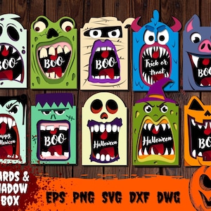 Lot de cartes Svg Halloween, modèle de carte de visages effrayants, fichiers à téléchargement numérique, créations en papier, Png, Svg, Eps, Dxf, Dwg